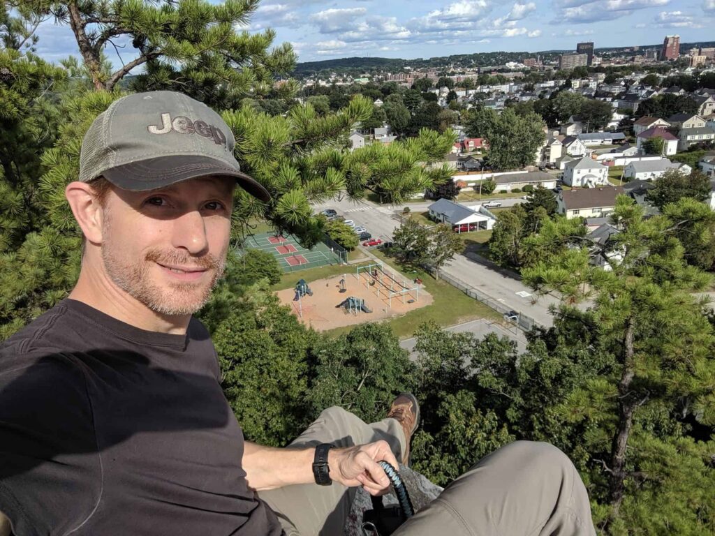 Mickey atop Rock Rimmon, overlooking Manchester, NH