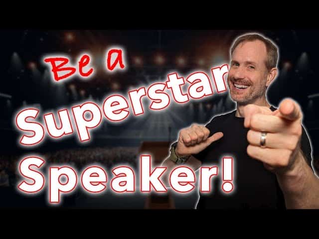 Mickey looking at camera and pointing into it. Text overlaid: “Be a Superstar Speaker!”