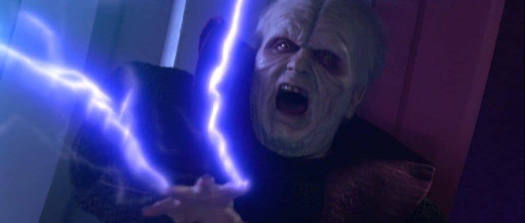 Emperor Palpatine, from Star Wars, with lightning bolts shooting from his fingertips.