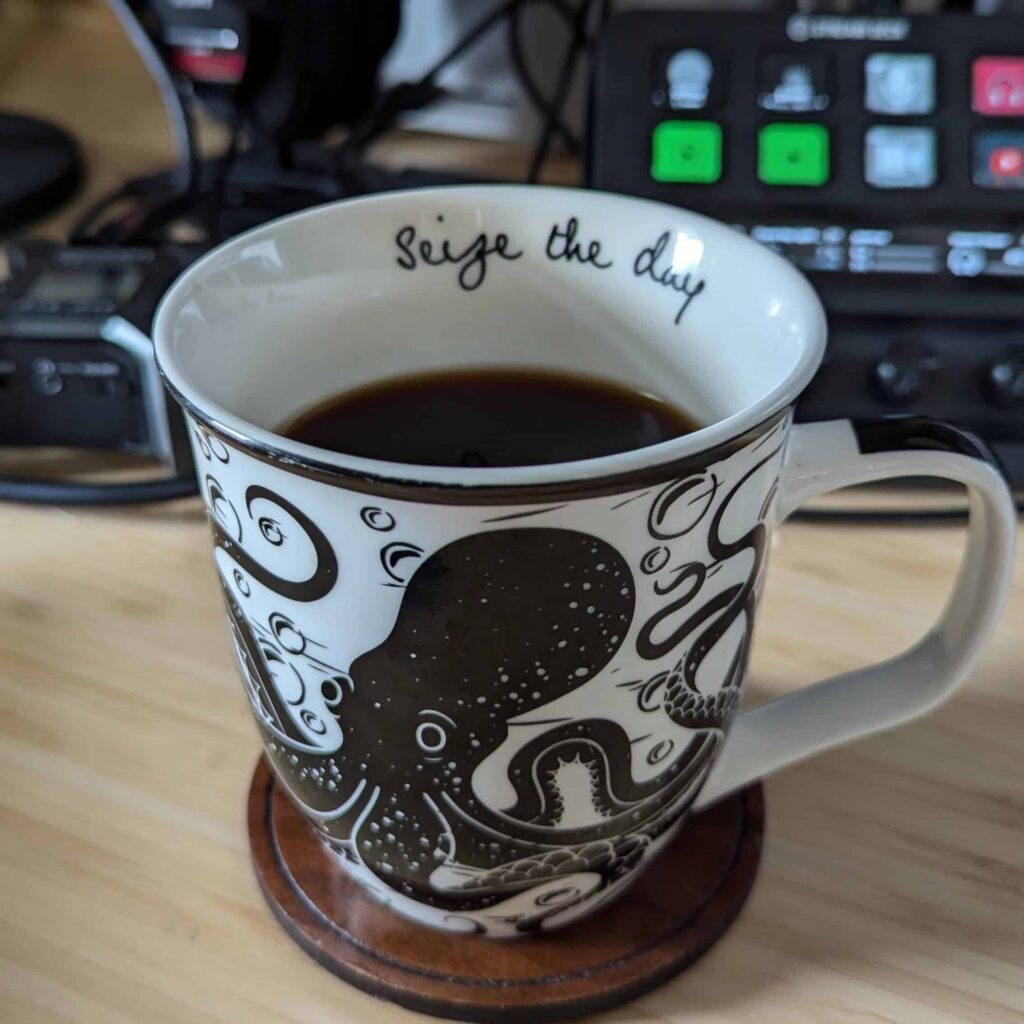 Coffee mug with octopus on exterior and interior text: "Seize the day" in cursive.