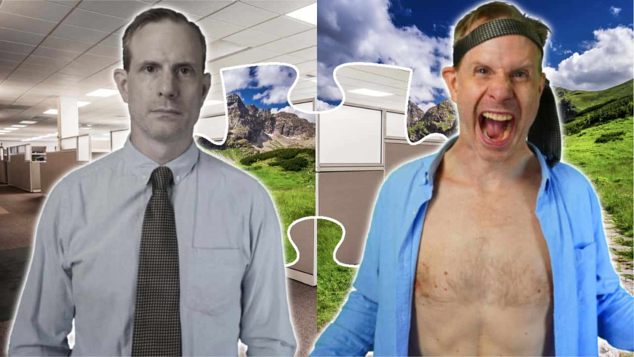 Two versions of Mickey: On the left, a desaturated photo in a sterile office environment. On the right, a colorful outdoors, and he has an open shirt and his tie around his head.