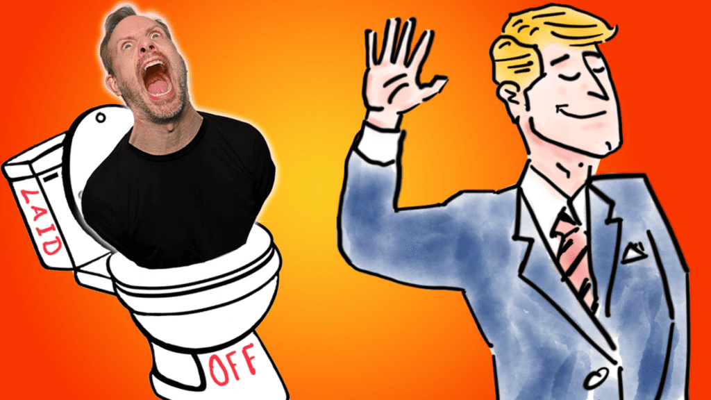 Mickey in a black T-shirt being flushed down a toilet labeled "Laid Off" while a hand-drawn man in a suit smiles smugly and waves dismissively