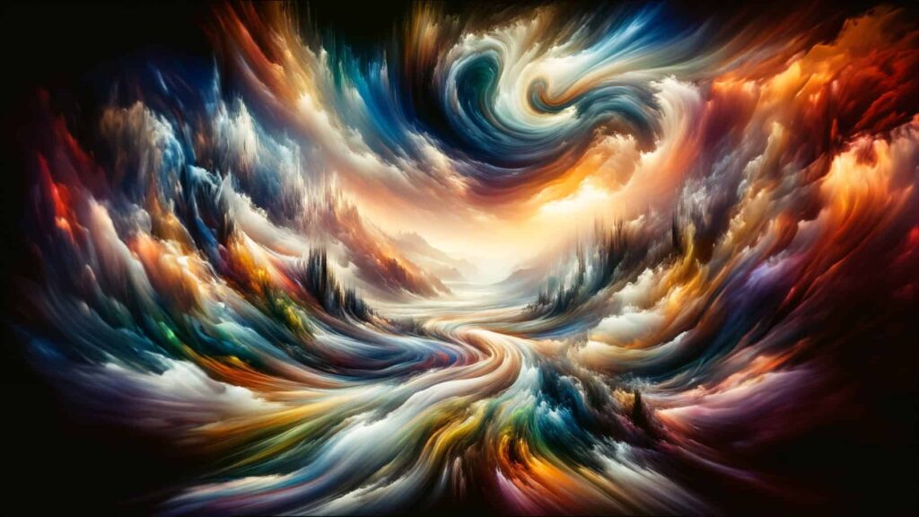 Chaotic landscape with swirling colors, mountains in the distance