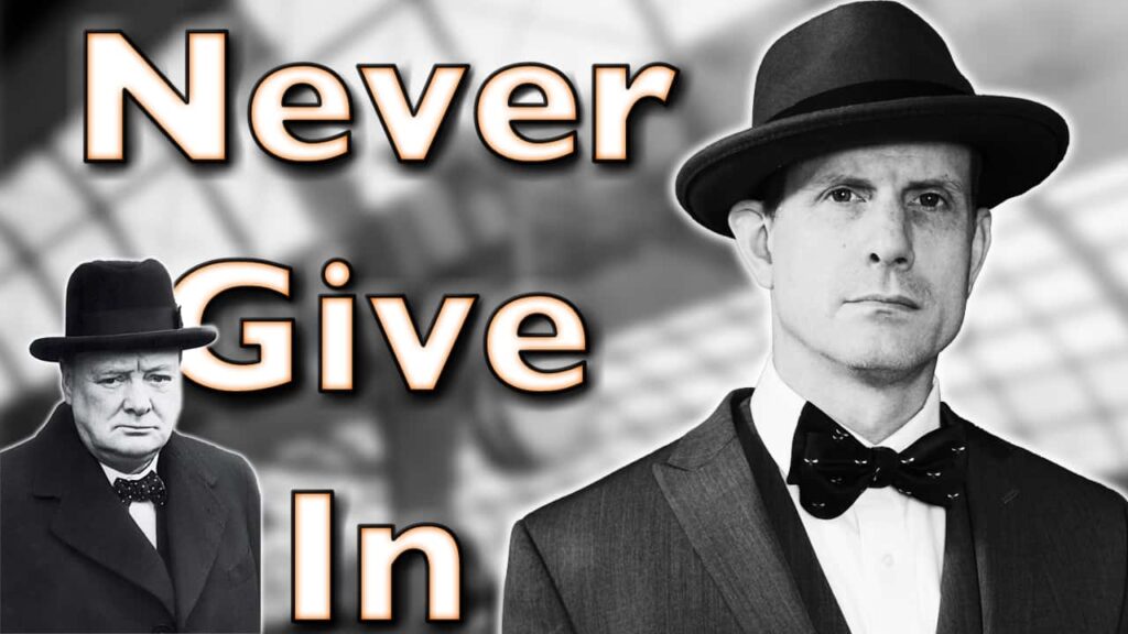 Mickey in suit, bowtie, and hat on right, Winston Churchill dressed similarly on left, text underlay: "Never Give In"