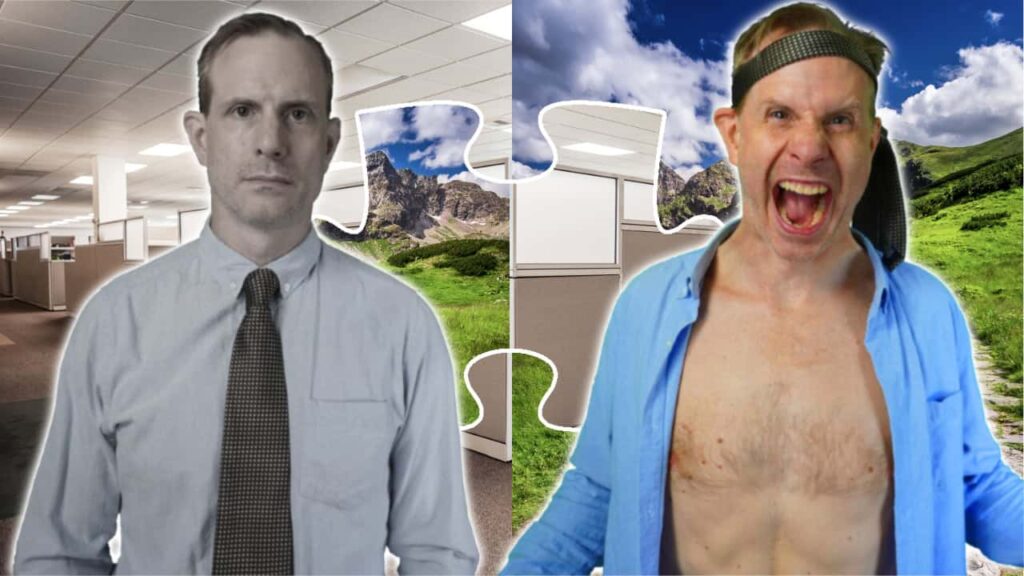 Two versions of Mickey: On the left, a desaturated photo in a sterile office environment. On the right, a colorful outdoors, and he has an open shirt and his tie around his head